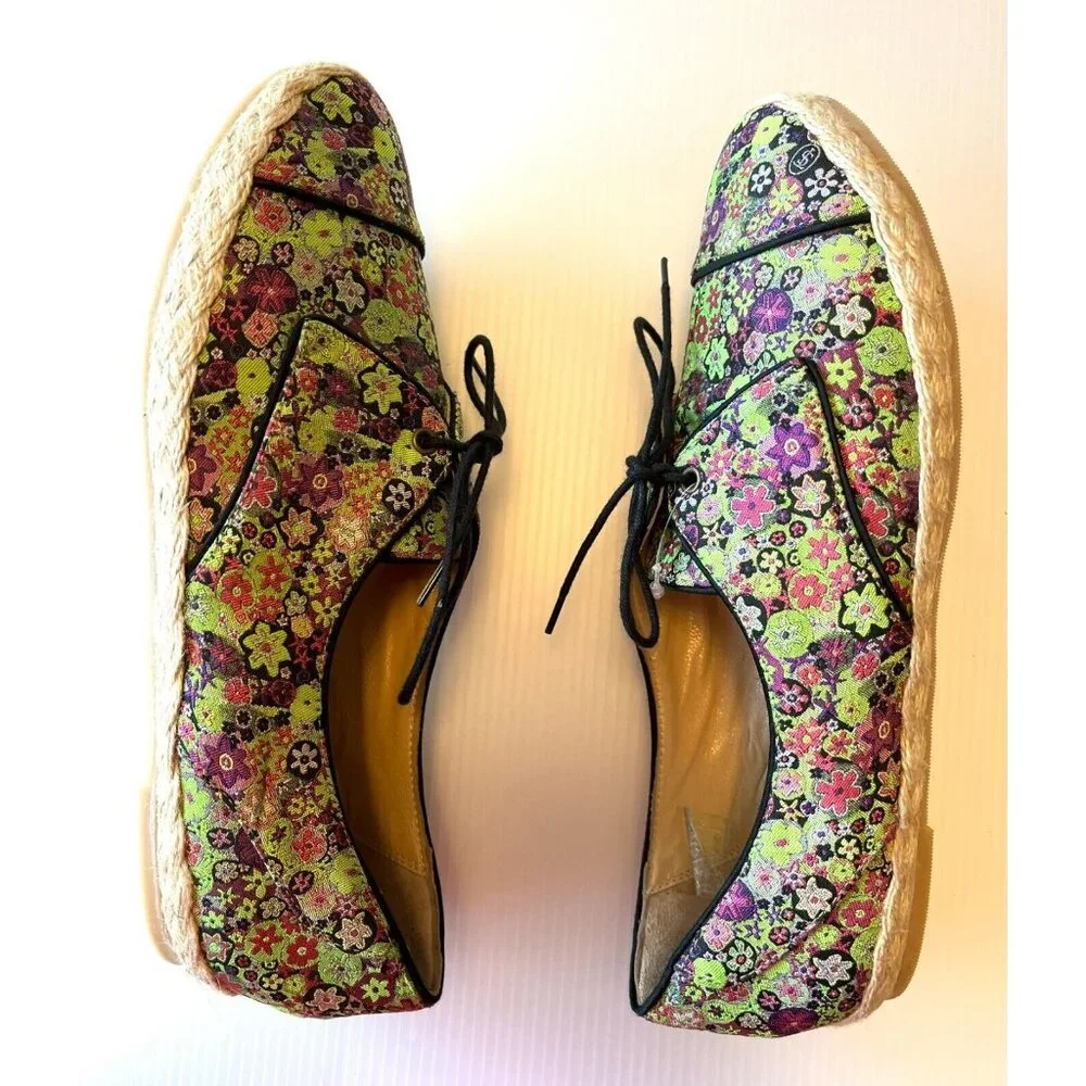Tabitha Simmons Purple & Green Floral Espadrille Lace-Up Flats Sz 8.5 US 39 EUR